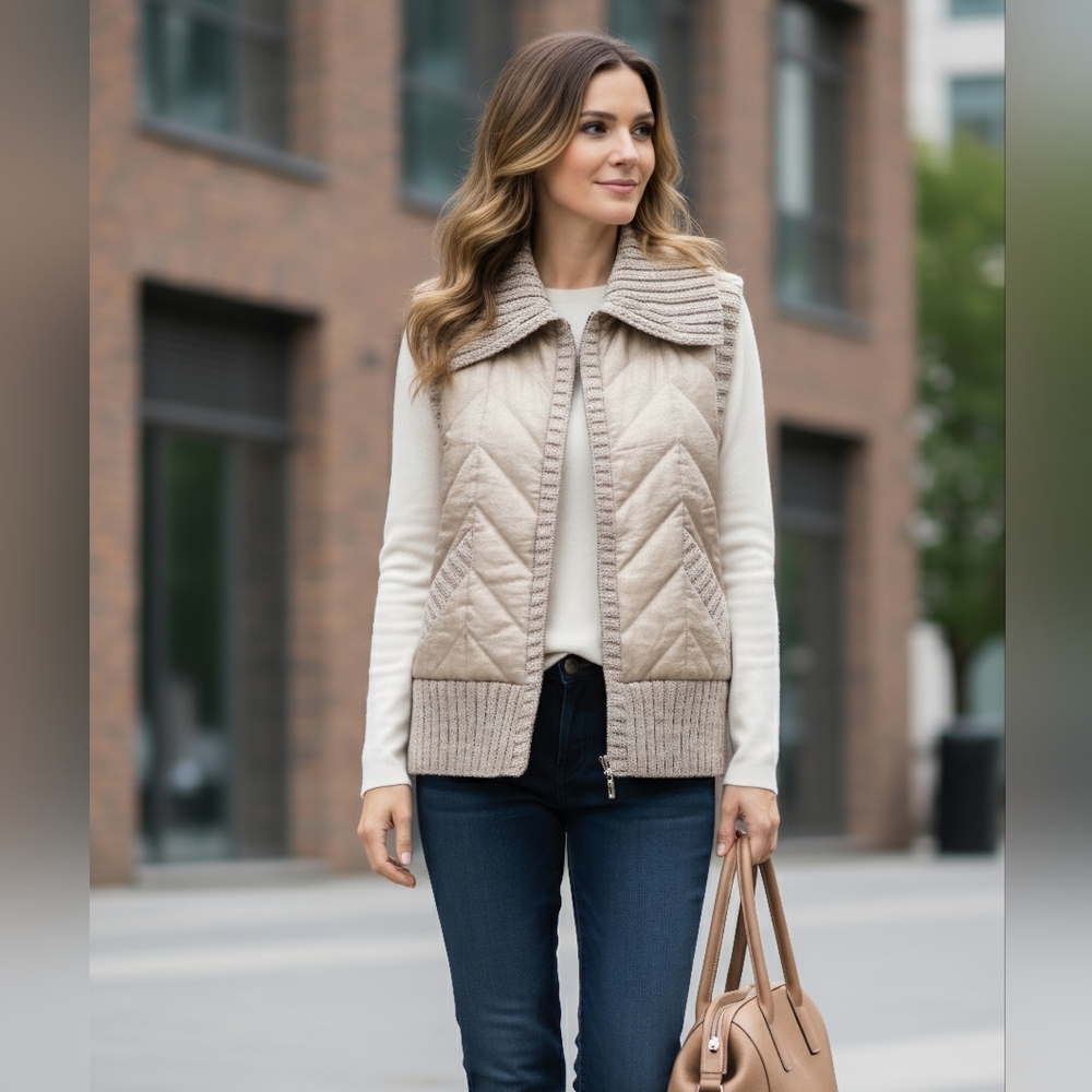 St. John Sport Vest Women's Large L Cream Knit Ribbed Collar Designer Luxury